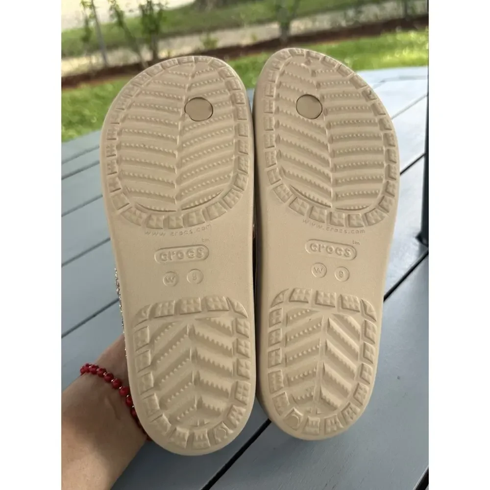Crocs Sloane Tan Gold Glitter Flip Flop Platform Beach Sandals Wedge Size 9